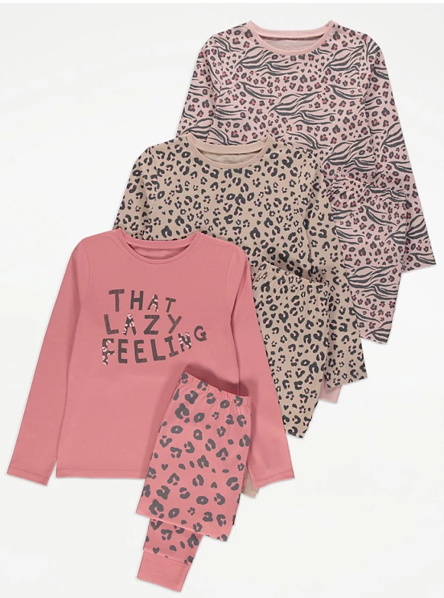 "George at Asda Kids' 3-Pack Leopard Print Long Sleeve Pyjama Set – Lazy Feeling Comfort Pajamas"