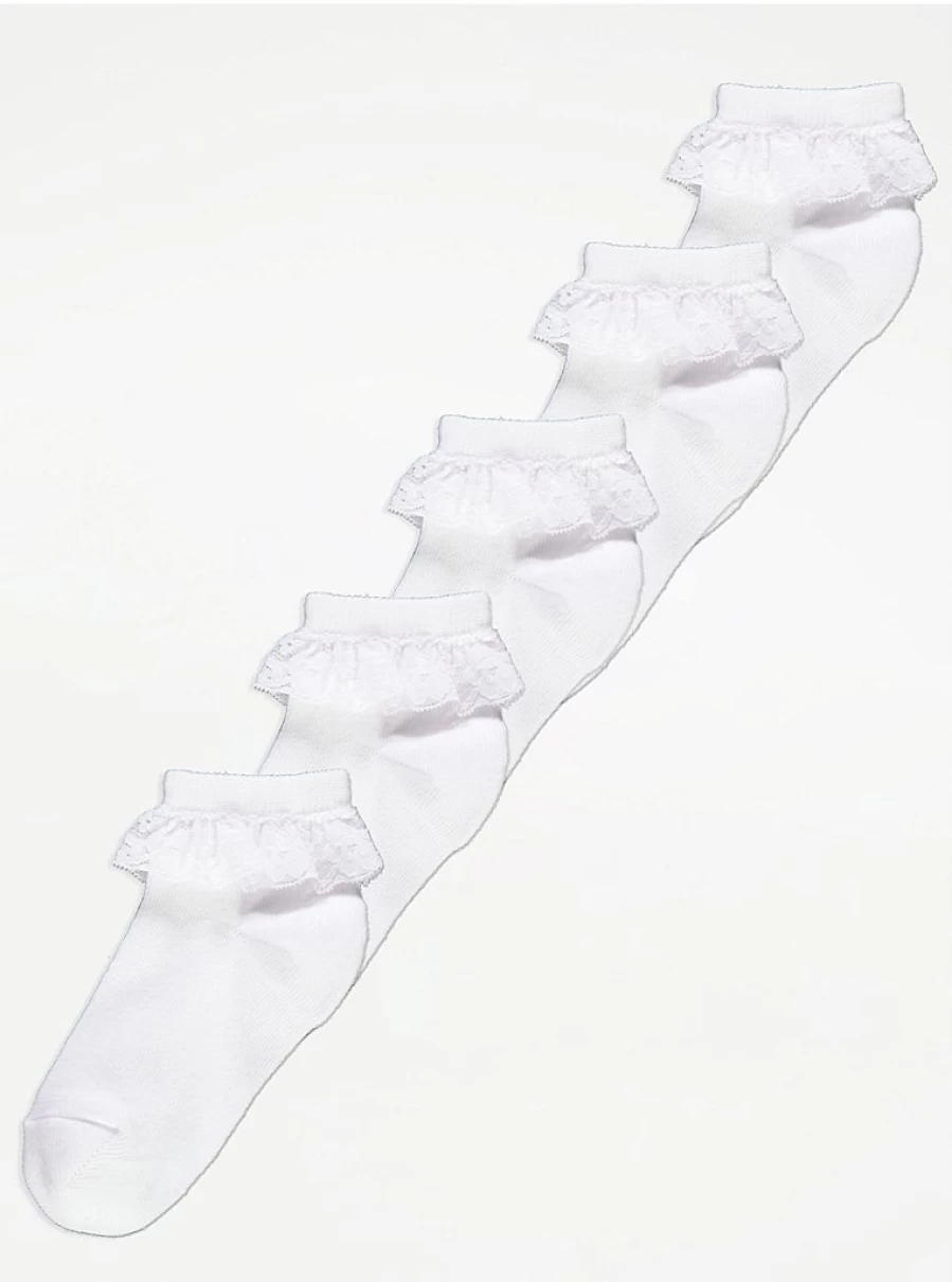 George at Asda Kids' 5-Pack White Lace Ankle Socks | Soft Cotton Rich Blend