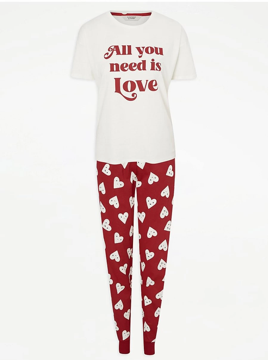 "George at Asda White 'All You Need Is Love' Valentine's Matching Couples Pyjamas Set"