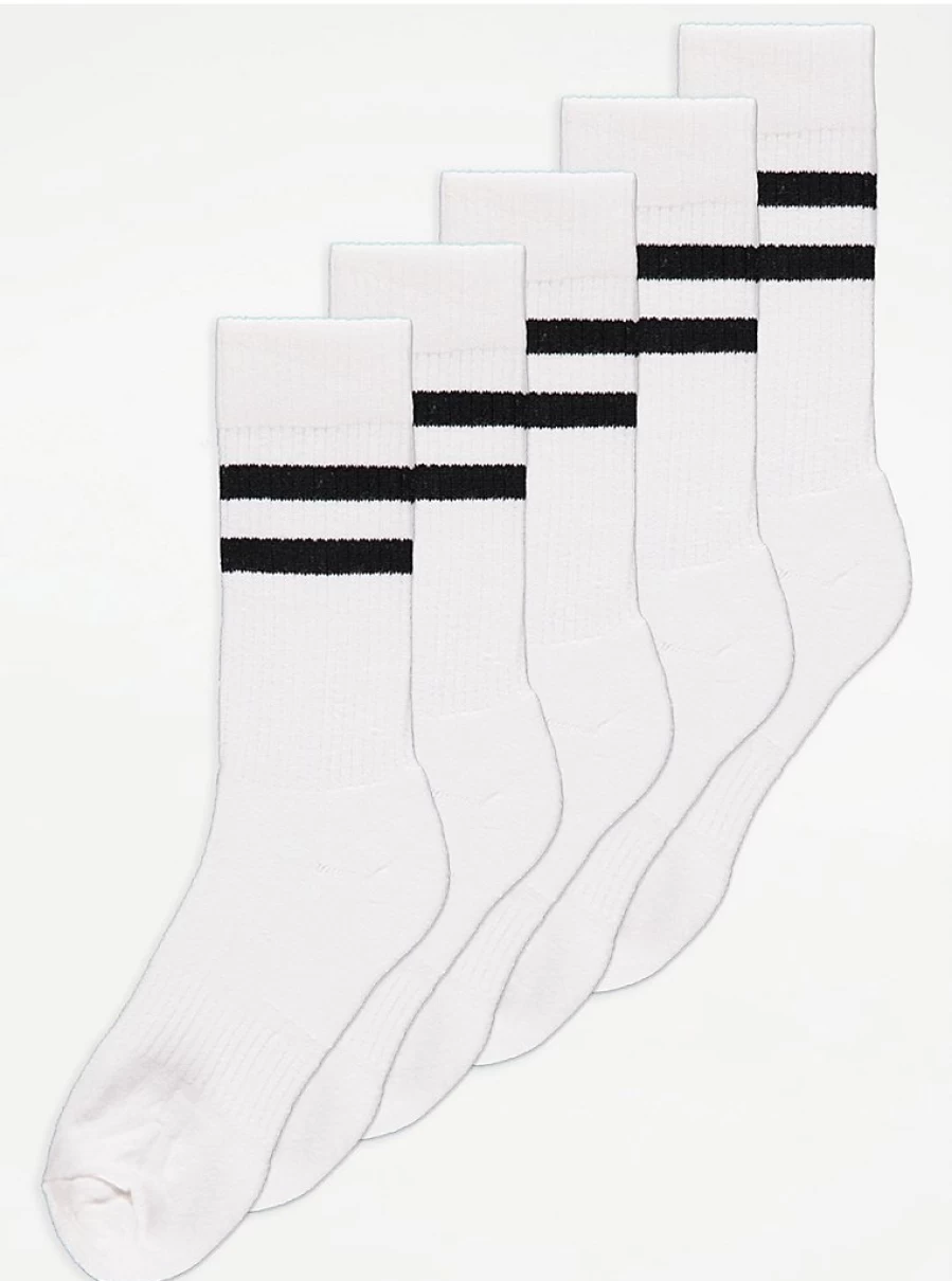 Boys' White Striped Active Sport Cotton Rich Socks 5 Pack - George at Asda