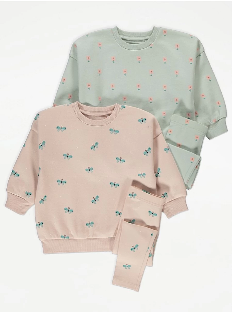 "George at Asda Kids Pastel Floral Sweatshirt & Leggings 2-Pack Outfit | Soft Comfy Set"