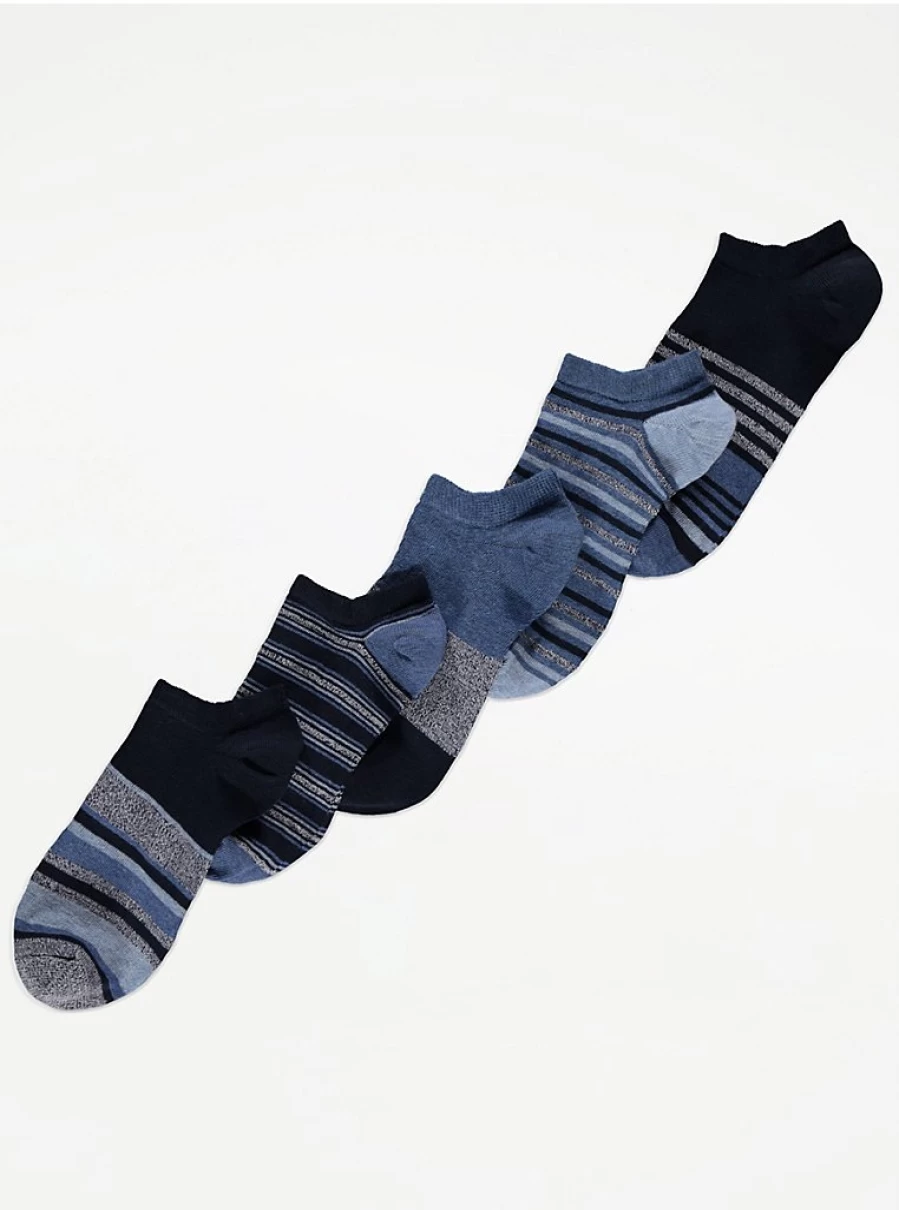 Men's Blue Stripe Cotton Rich Trainer Liners Socks 5 Pack - George at Asda