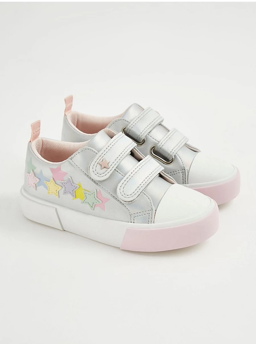 "George at Asda Kids' Silver Shimmer Star Double Strap Trainers – Lightweight & Comfortable Sneakers"