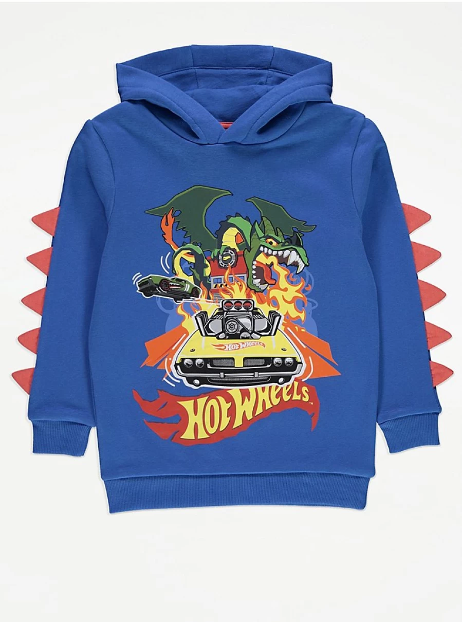 George at Asda Kids' Hot Wheels Dinosaur Flames Hoodie with Spike Sleeves | Boys' & Girls' Graphic Sweatshirt