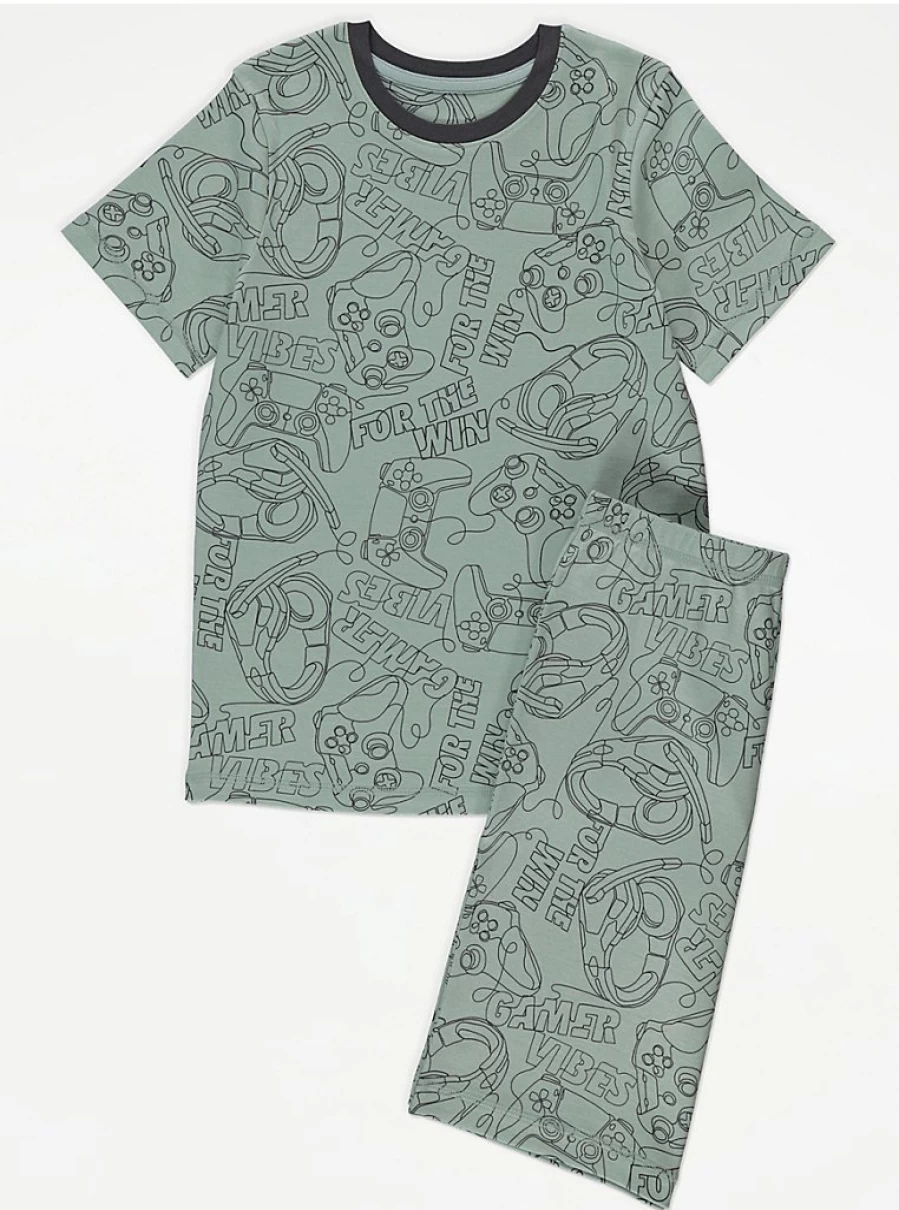 Boys Sage Green Gamer Short Pyjamas Set - George at Asda Kids Pajamas Gift