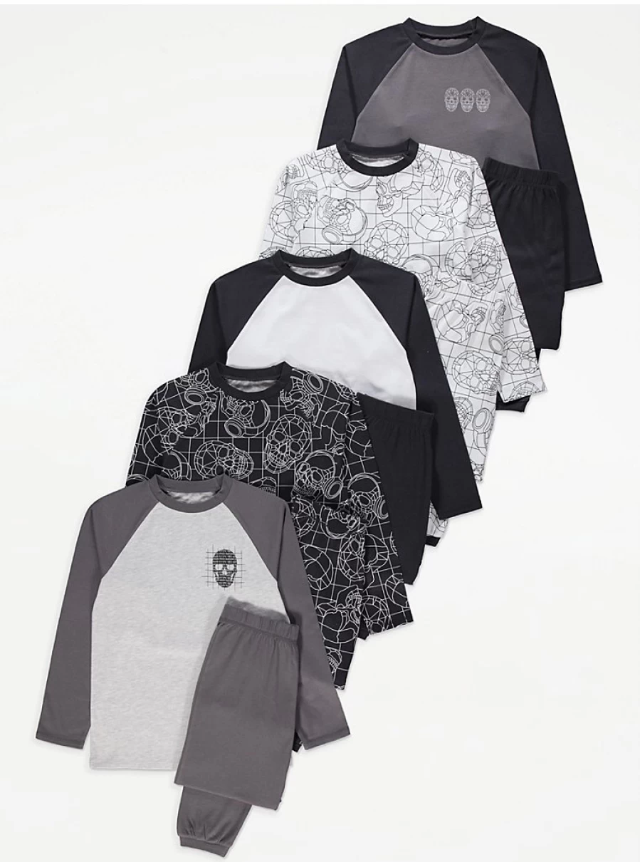Boys' Skull Print Raglan Sleeve Pyjama Set - 5 Pack | George at Asda