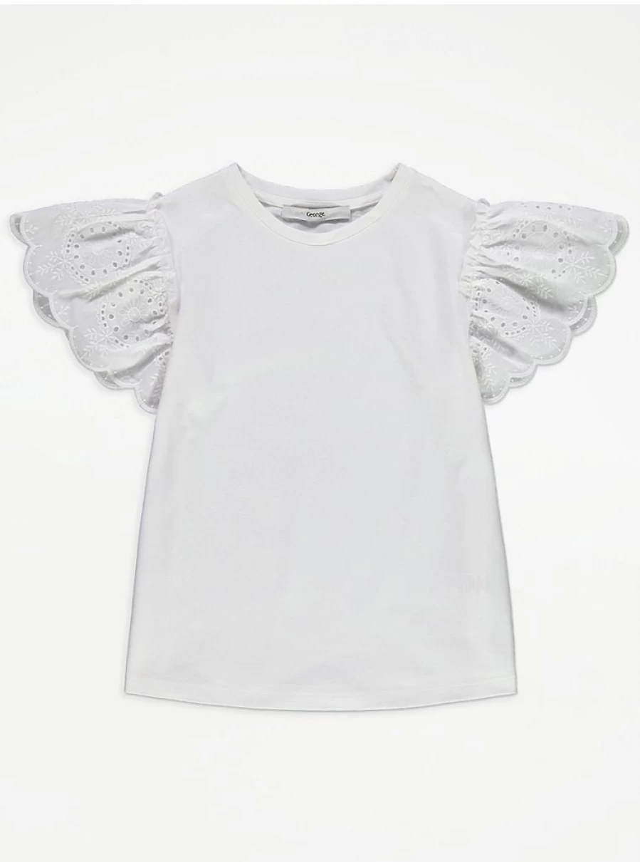 "George at Asda Kids' White Broderie Frill Sleeve T-Shirt – Comfortable & Stylish"