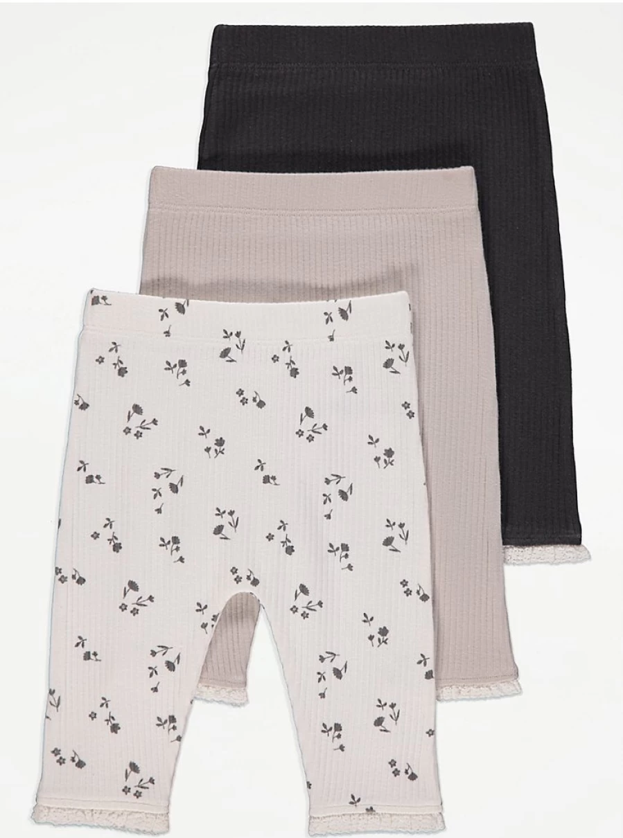 George at Asda Baby Embroidered Trim Ribbed Leggings 3-Pack – Soft & Stretchy Comfort