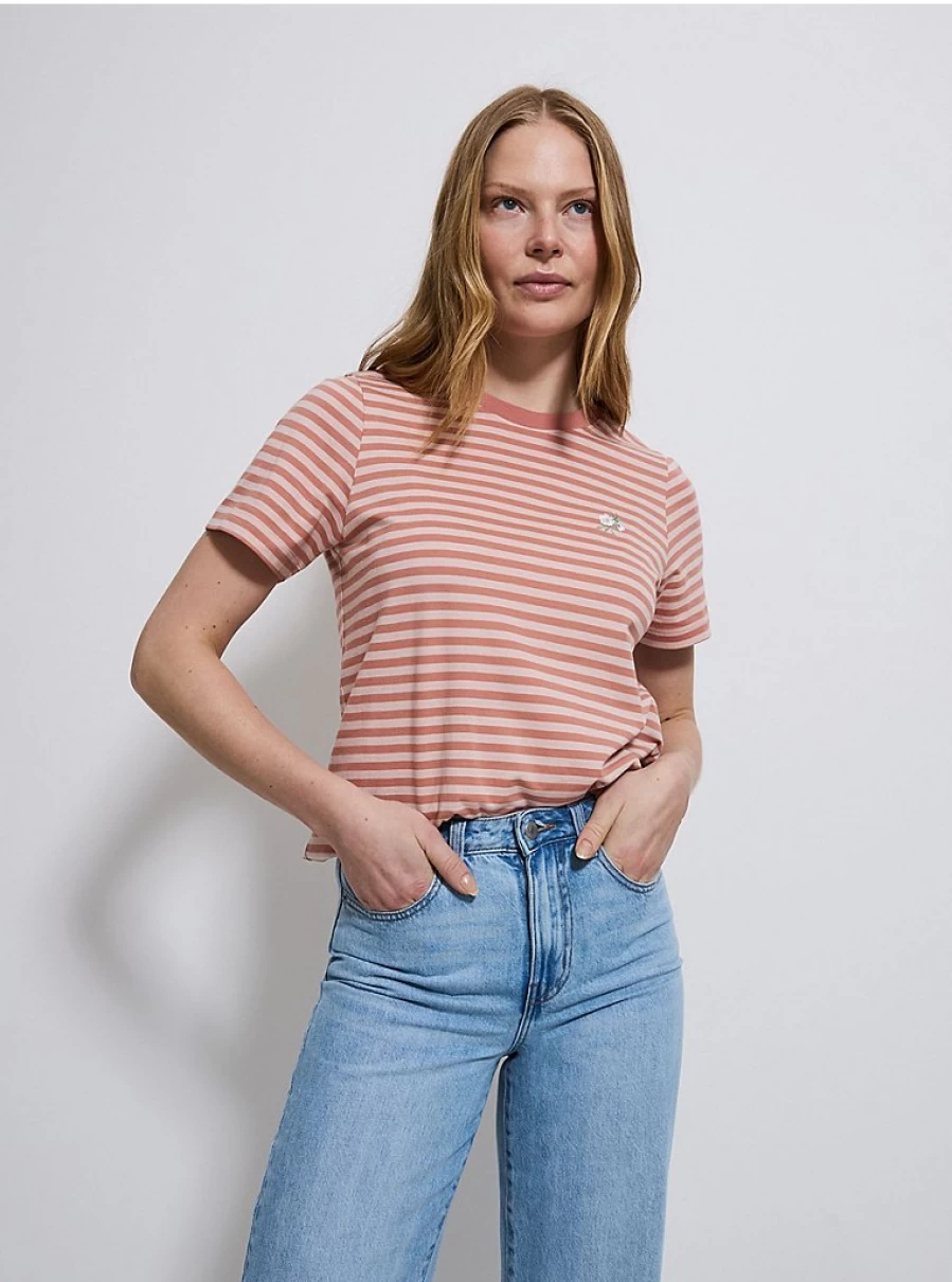 Women's Coral Stripe Embroidered Flower T-Shirt | George at Asda | Comfort Fit Casual Top