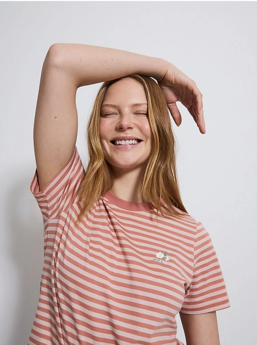 Women's Coral Stripe Embroidered Flower T-Shirt | George at Asda | Comfort Fit Casual Top
