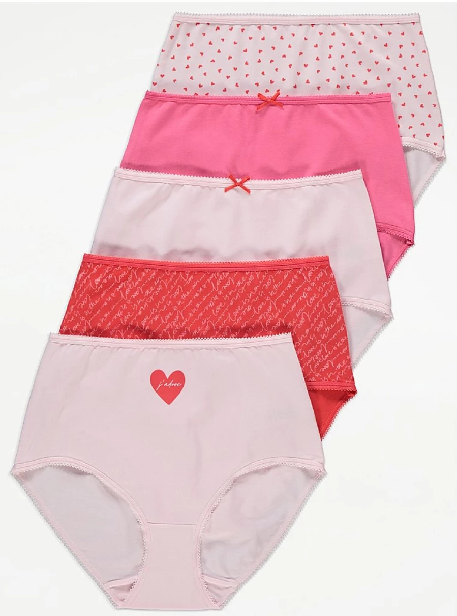 "George at Asda Pink Valentine's Full Brief Knickers 5-Pack | Women's Lingerie Set"