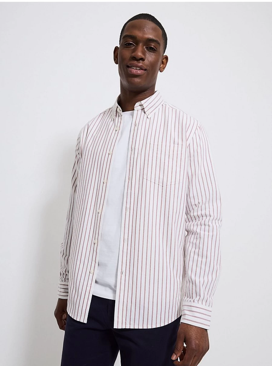 Men's Striped Regular Fit Oxford Shirt - Long Sleeve Casual Button Down by George at Asda