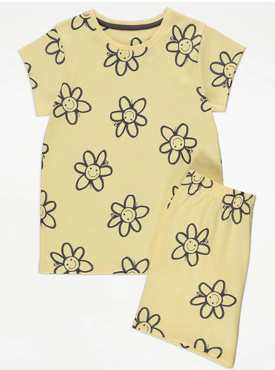 "George at Asda Kids' Yellow Smiley Daisy Short Pyjama Set - Cute Gift Pajamas for Children"