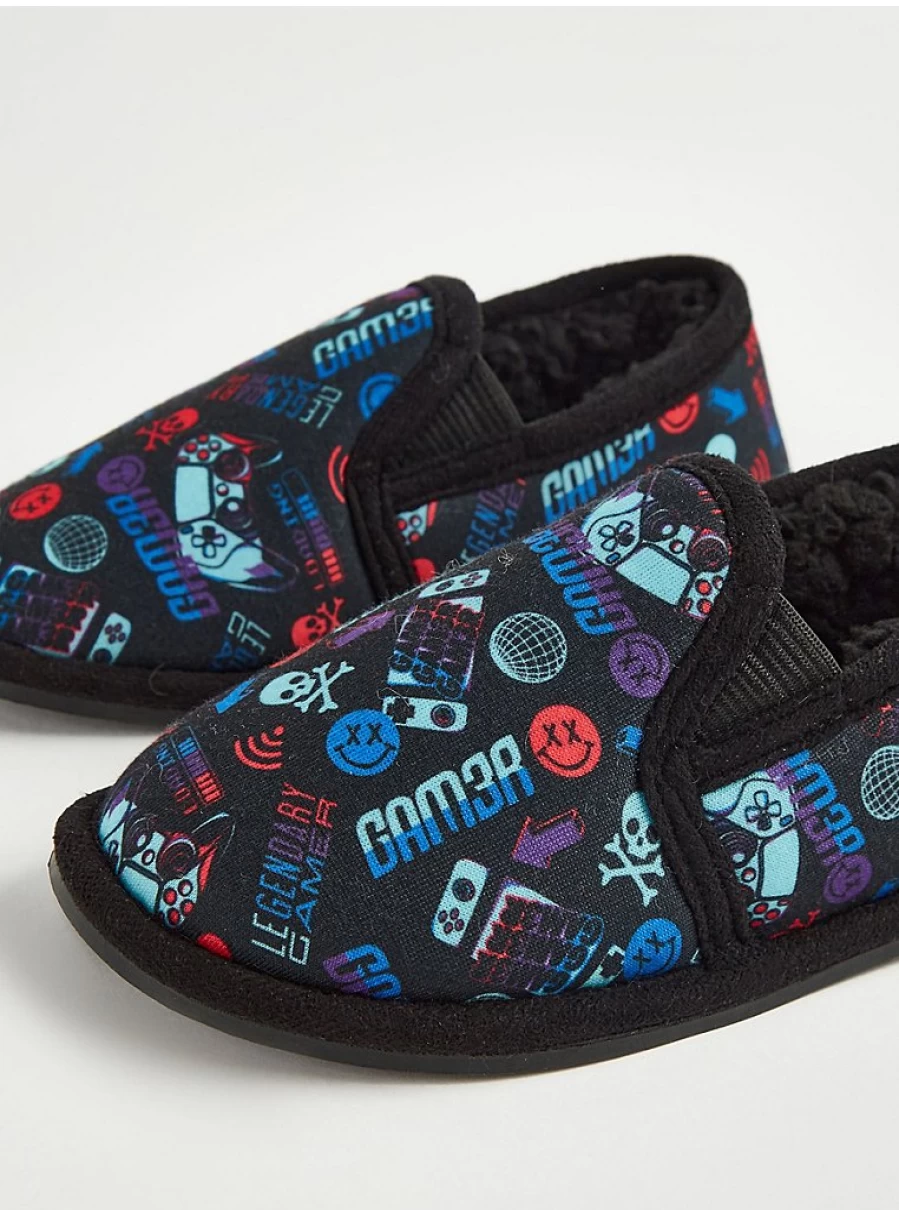 George at Asda Boys' Gaming Fleece-Lined Slippers - Warm Full Back House Shoes for Kids