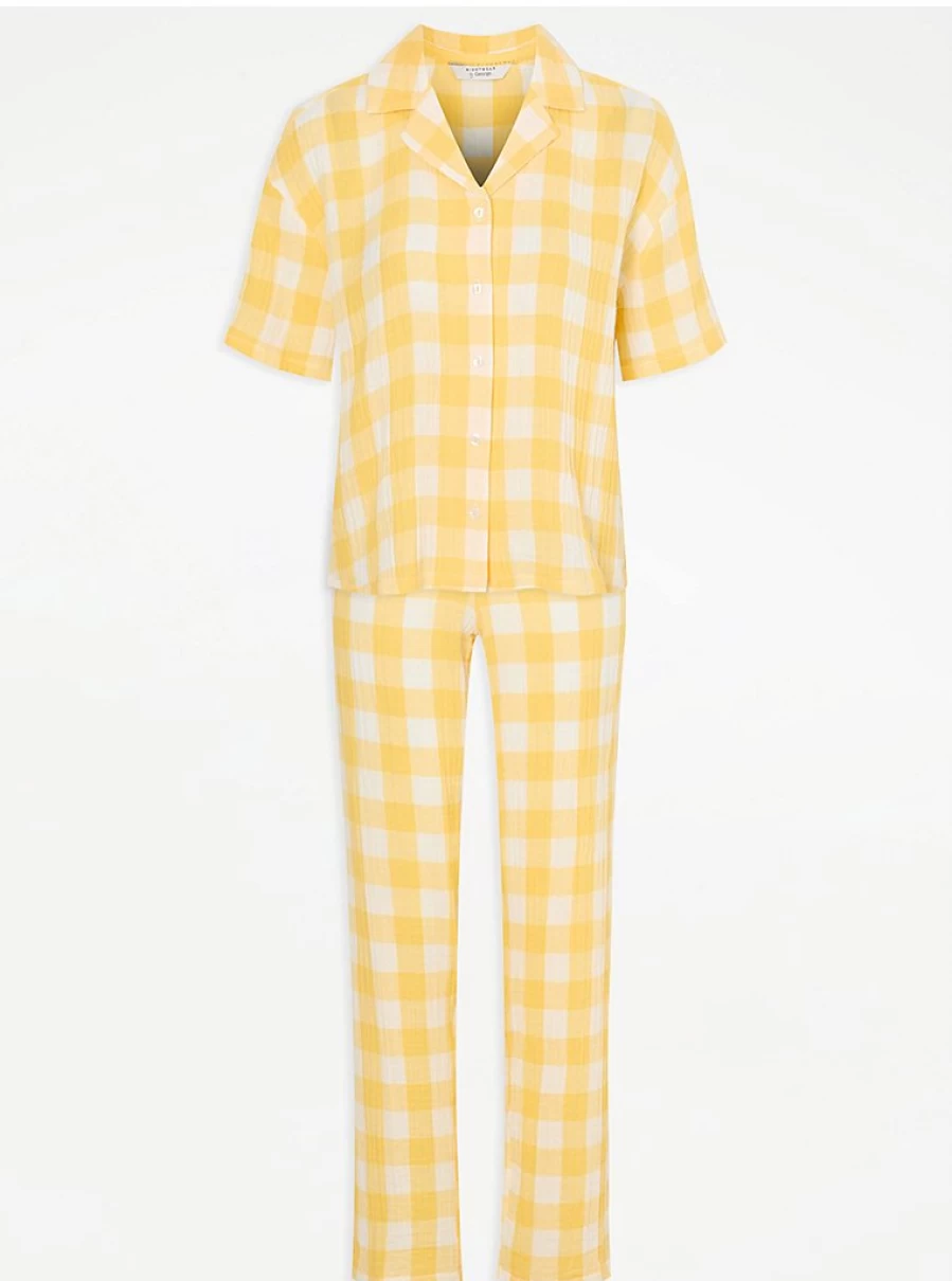 "George at Asda Bright Yellow Gingham Double Cloth Shirt Pyjamas – Comfortable Sleepwear & Loungewear"