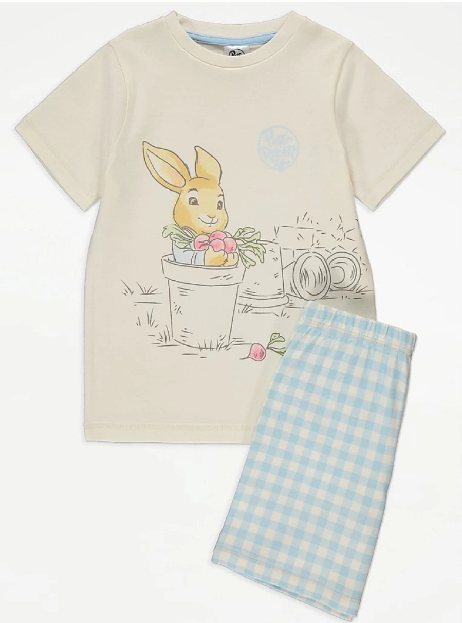 "George at Asda Peter Rabbit Blue Gingham Kids' Pyjamas – Comfortable Short Pajamas for Children"