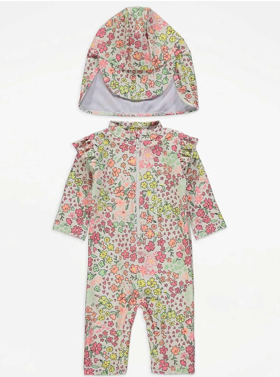 "George at Asda Baby Floral Sunsafe Swimsuit with Keppi Hat – UV Protection One-Piece Swimwear Review"