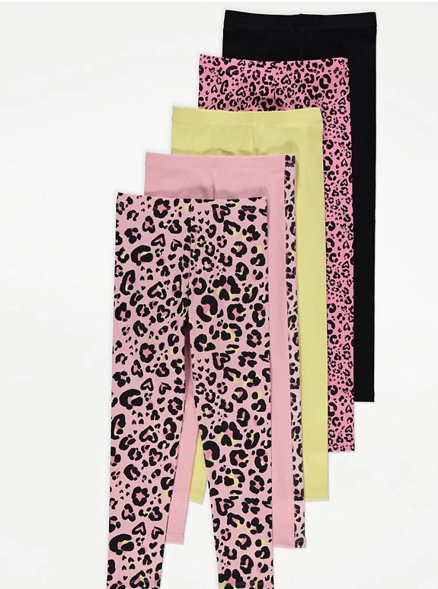 "George at Asda Kids Neon Leopard Print Leggings 5-Pack | Comfortable & Stylish"