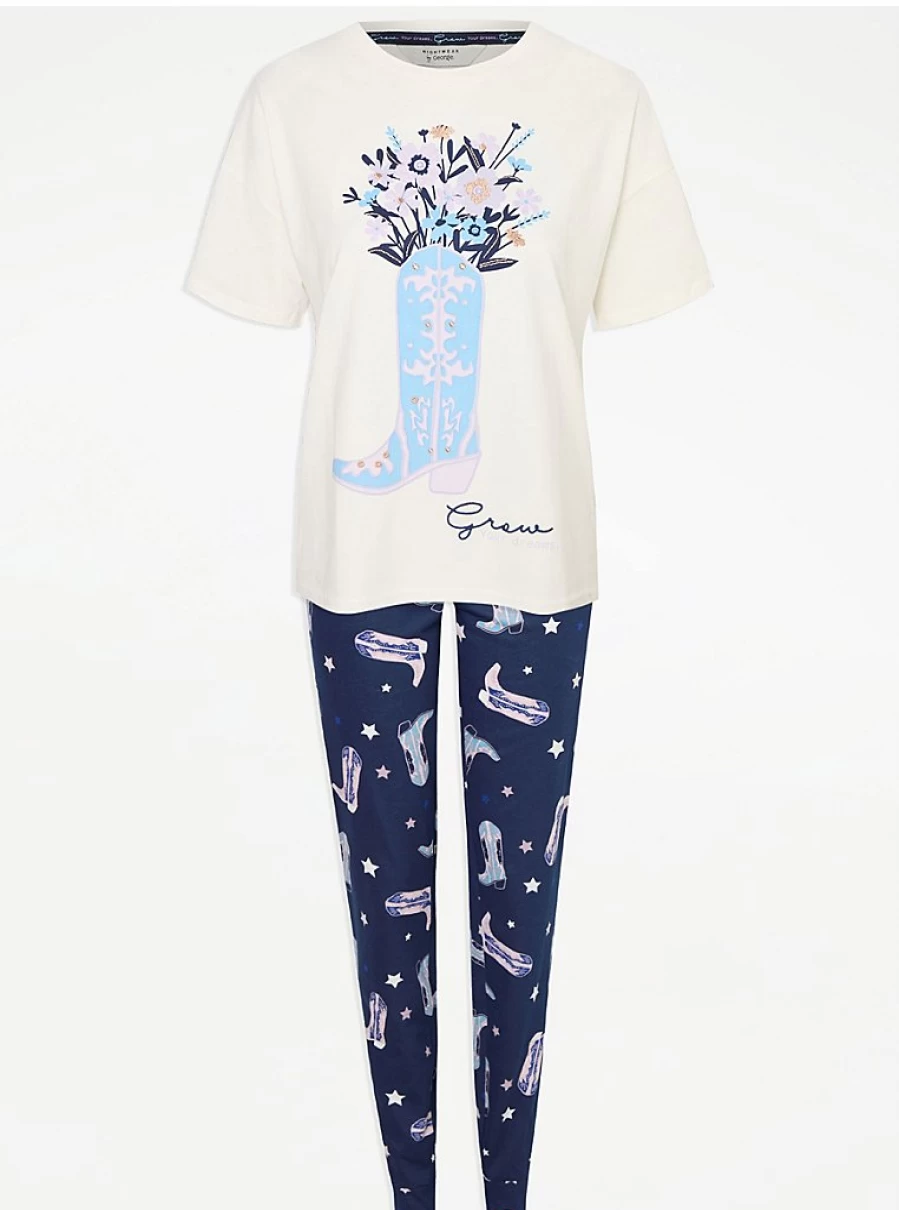 "George at Asda White Floral Cowboy Boot Print Pyjamas – Women's Lingerie & Sleepwear"