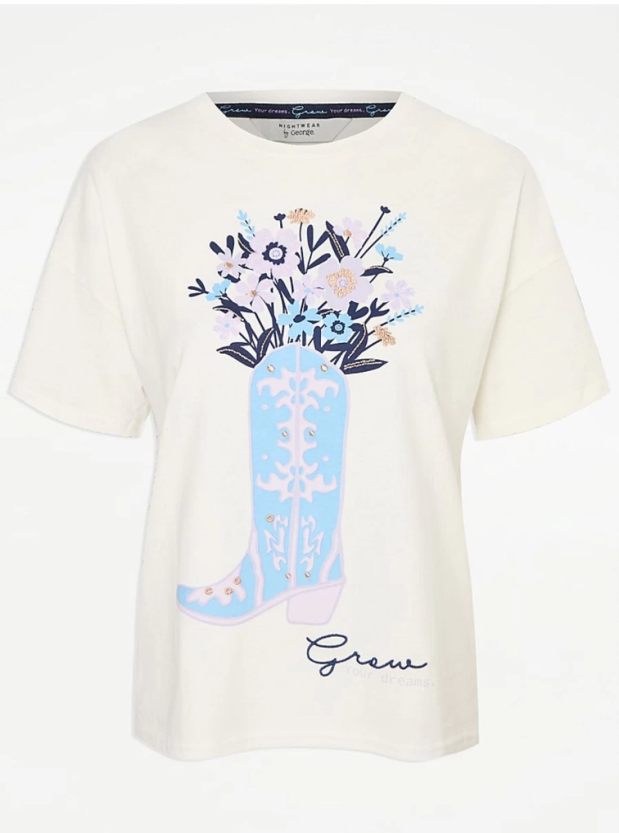 "George at Asda White Floral Cowboy Boot Print Pyjamas – Women's Lingerie & Sleepwear"