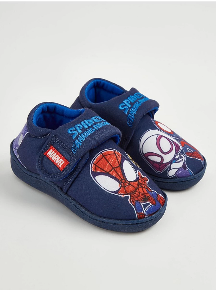"George at Asda Marvel Spidey and Friends Navy Blue Slippers for Boys – Kids' Spider-Man Themed Cupsole Slippers"