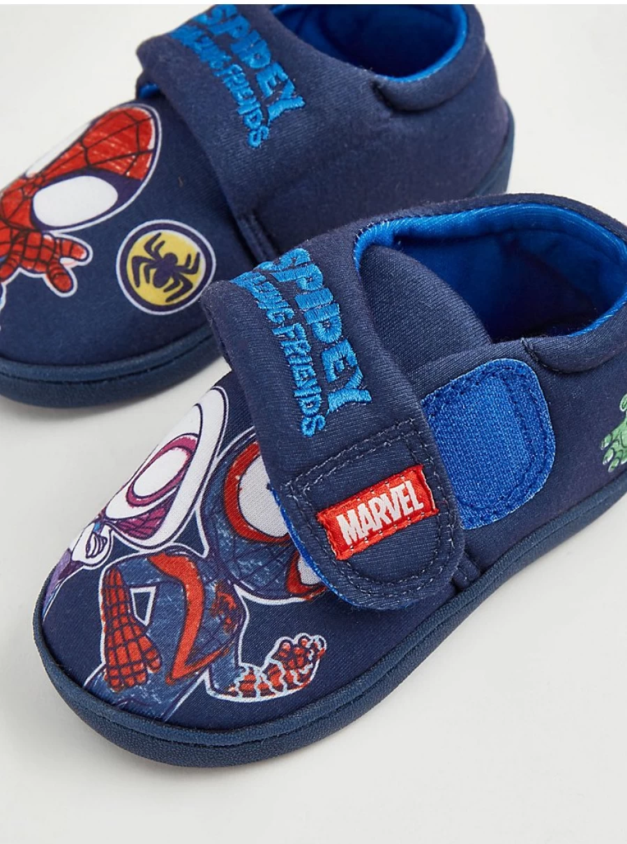 "George at Asda Marvel Spidey and Friends Navy Blue Slippers for Boys – Kids' Spider-Man Themed Cupsole Slippers"