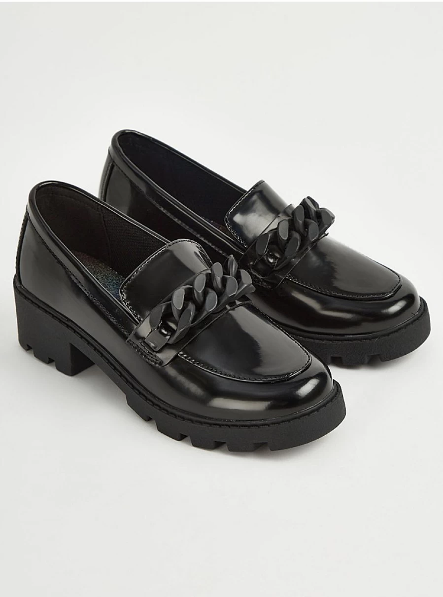 "George at Asda Wide Fit Black Chain Heel Loafers for School | Comfortable & Stylish School Shoes"
