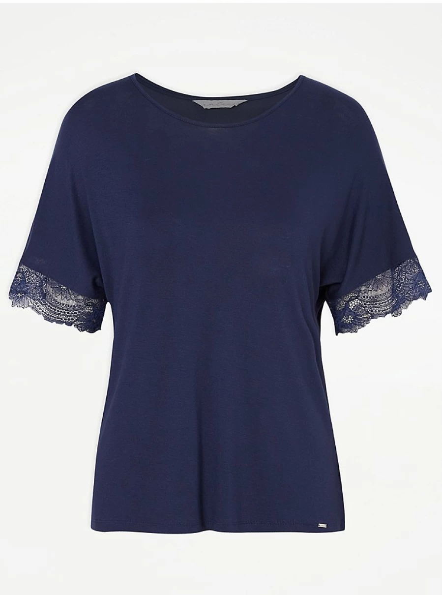 "Navy Blue Lace Trim Pyjama Top | Women's Sleepwear | George at Asda"