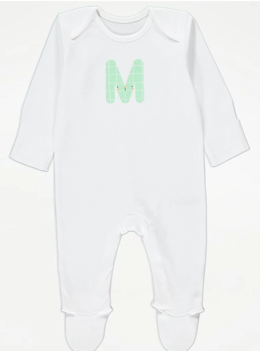"George at Asda Baby White Animal Letter M Sleepsuit – Soft & Comfortable Sleepwear for Infants"
