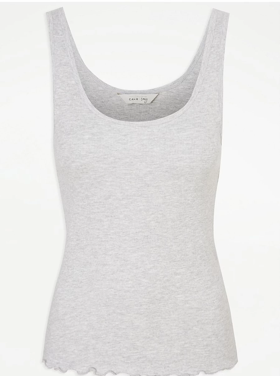 "George at Asda Grey Ribbed Lettuce Trim Pyjama Vest - Comfortable Lingerie Sleepwear"