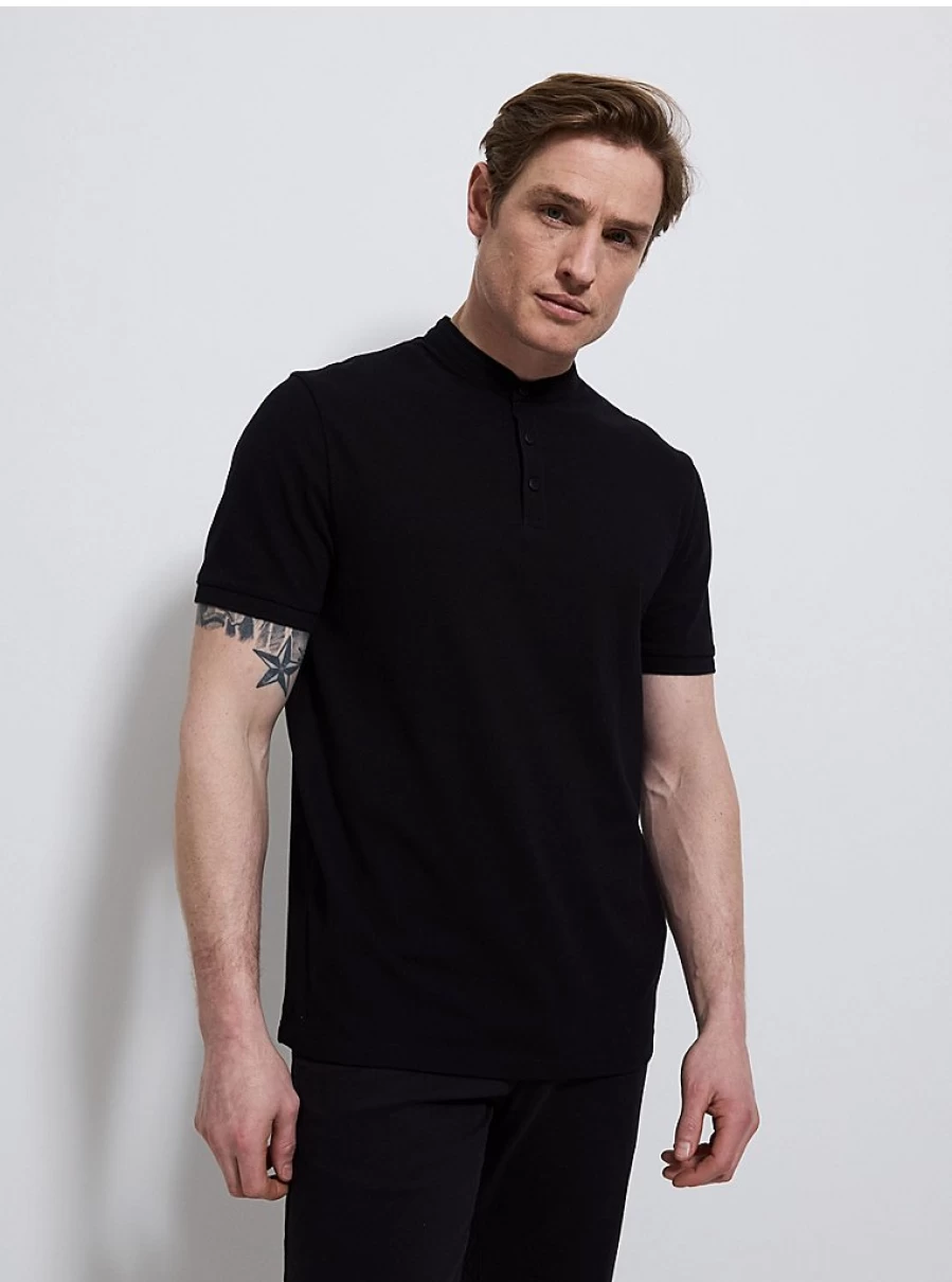 Men's Black Grandad Collar Short Sleeve T-Shirt | George at Asda