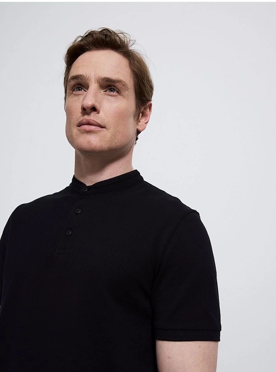 Men's Black Grandad Collar Short Sleeve T-Shirt | George at Asda