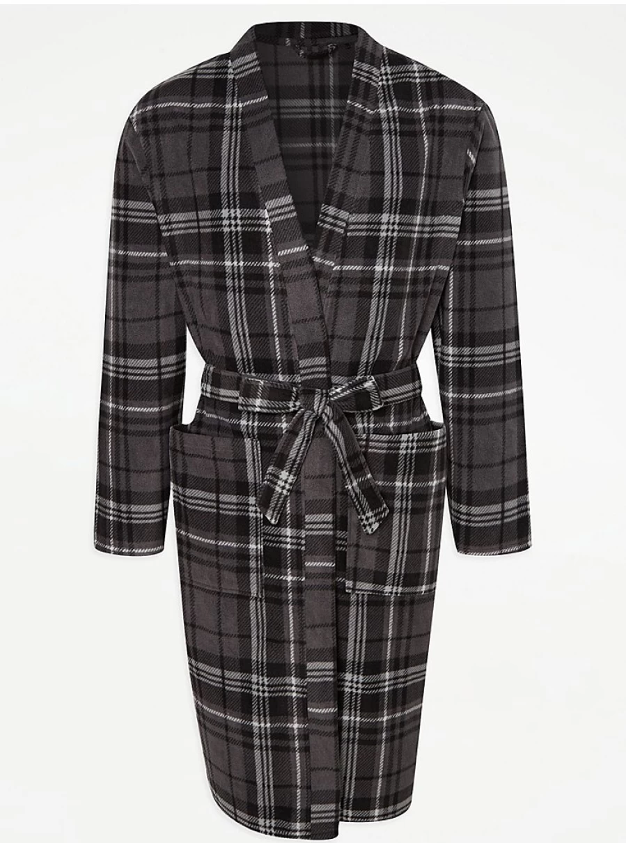 Men's Black Checked Fleece Dressing Gown by George at Asda - Warm & Comfortable Robe