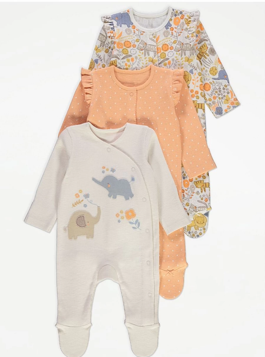 George at Asda Baby Safari Frill 3-Pack Long Sleeve Sleepsuits - Soft Cotton Sleepwear Set