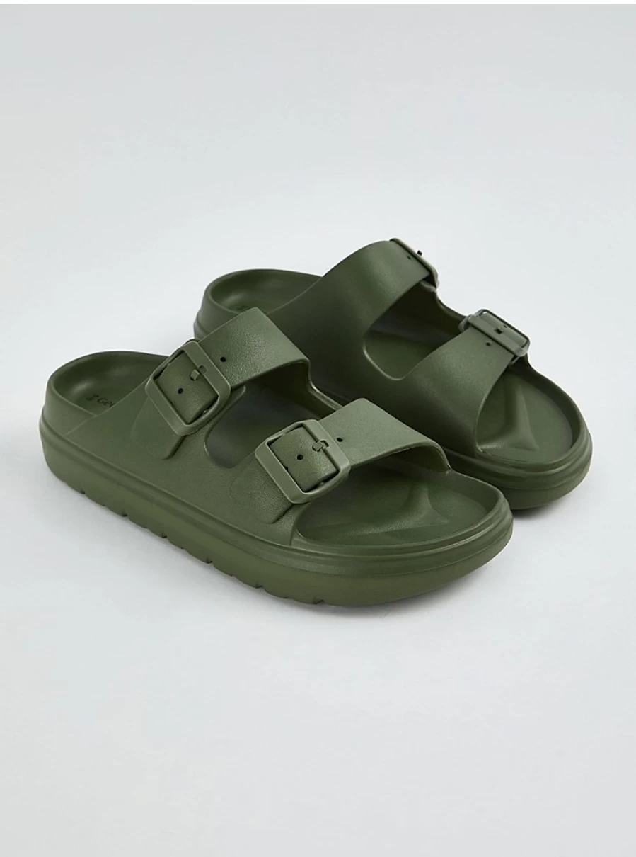 Women's Khaki Double Buckle Slide Sandals - Comfortable Flatbed Sliders | George at Asda