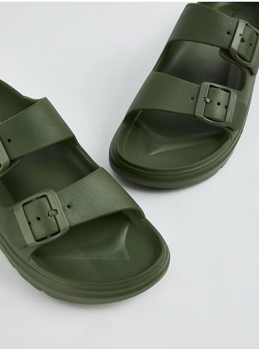 Women's Khaki Double Buckle Slide Sandals - Comfortable Flatbed Sliders | George at Asda