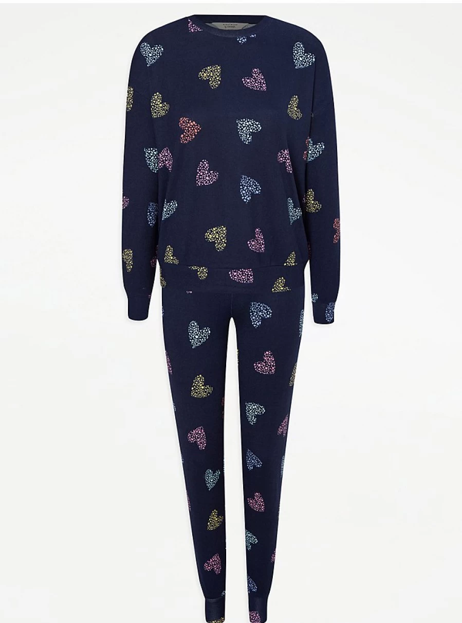 "George at Asda Navy Heart Print Brushed Long Sleeve Pyjamas – Comfortable Women's Sleepwear"
