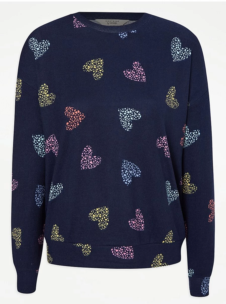 "George at Asda Navy Heart Print Brushed Long Sleeve Pyjamas – Comfortable Women's Sleepwear"