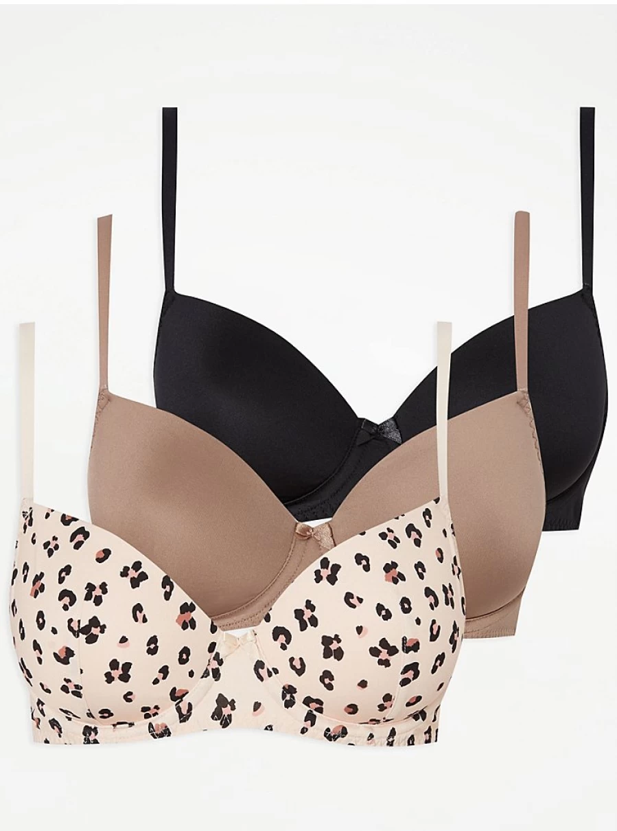 "George at Asda Women's Leopard Print T-Shirt Bras 3 Pack | Comfort Lingerie Set"