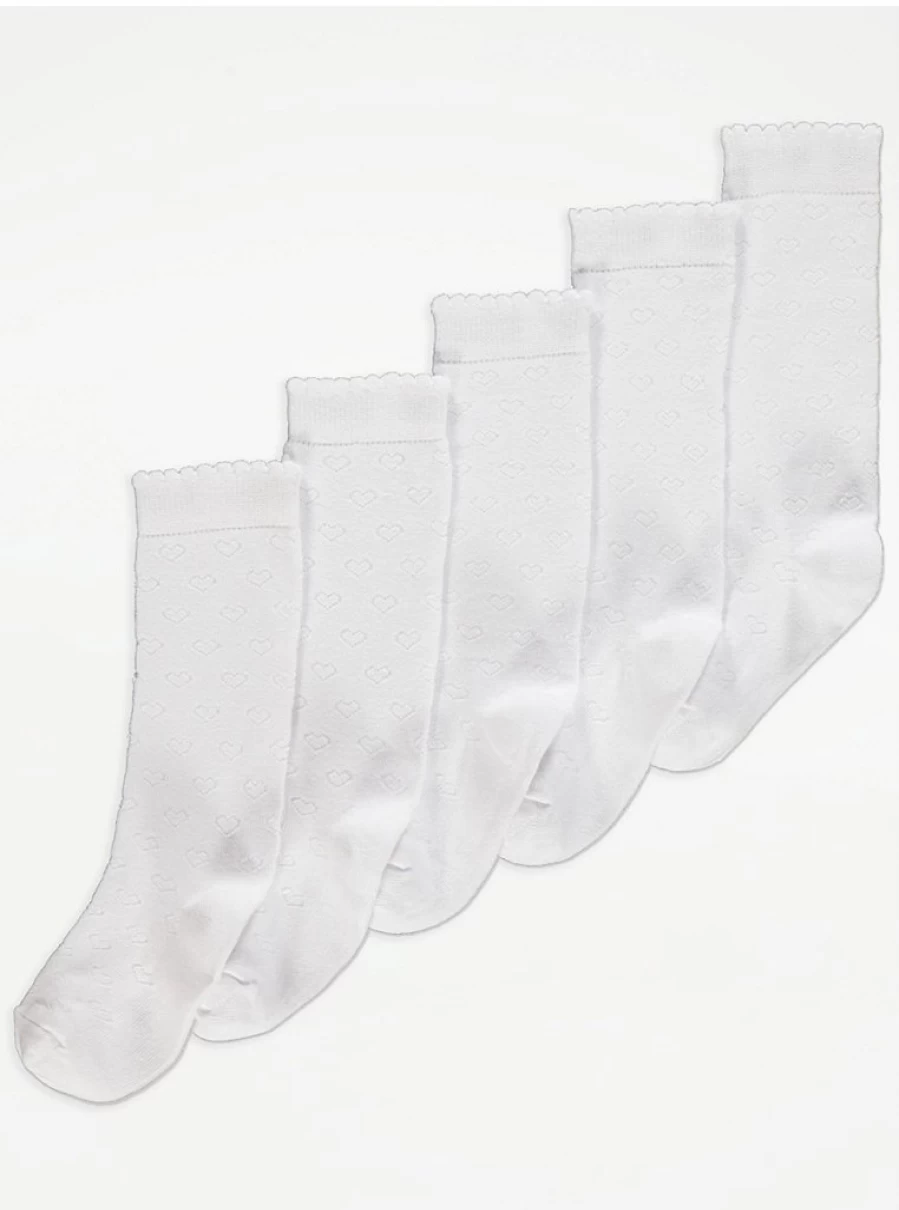 George at Asda Kids' 5-Pack White Cotton Knee-High Socks with Heart Print - Soft & Comfortable