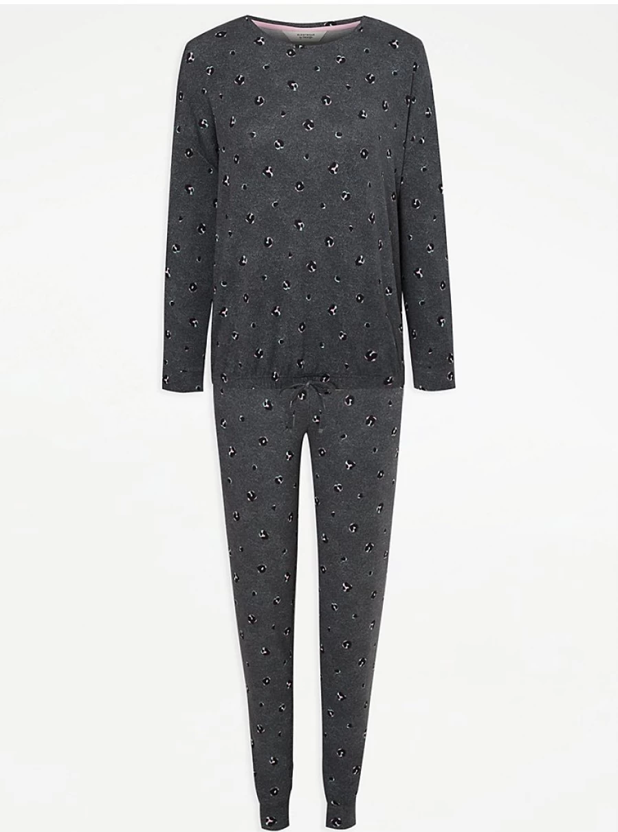 "George at Asda Grey Animal Print Drawstring Hem Pyjamas – Comfortable Women's Sleepwear"