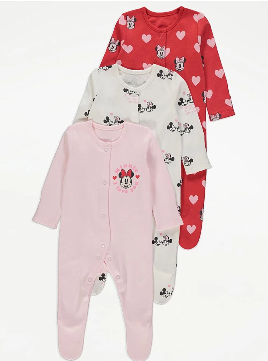 George at Asda Baby Girls' Disney Minnie Mouse 3-Pack Sleepsuits | Soft Cotton Pajama Set