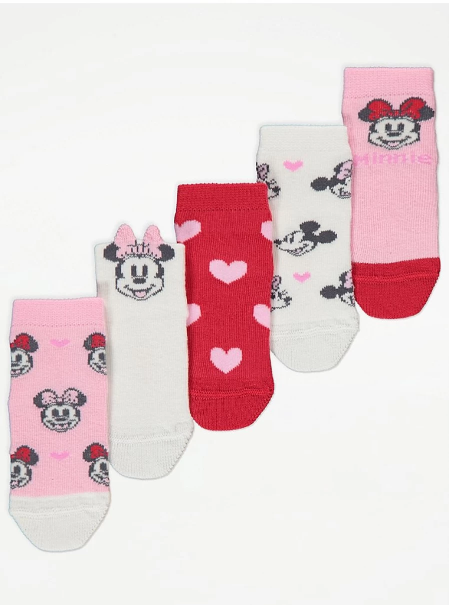 George at Asda Baby Girls' Disney Minnie Mouse Pink Heart Socks 5-Pack - Soft & Comfortable Toddler Socks