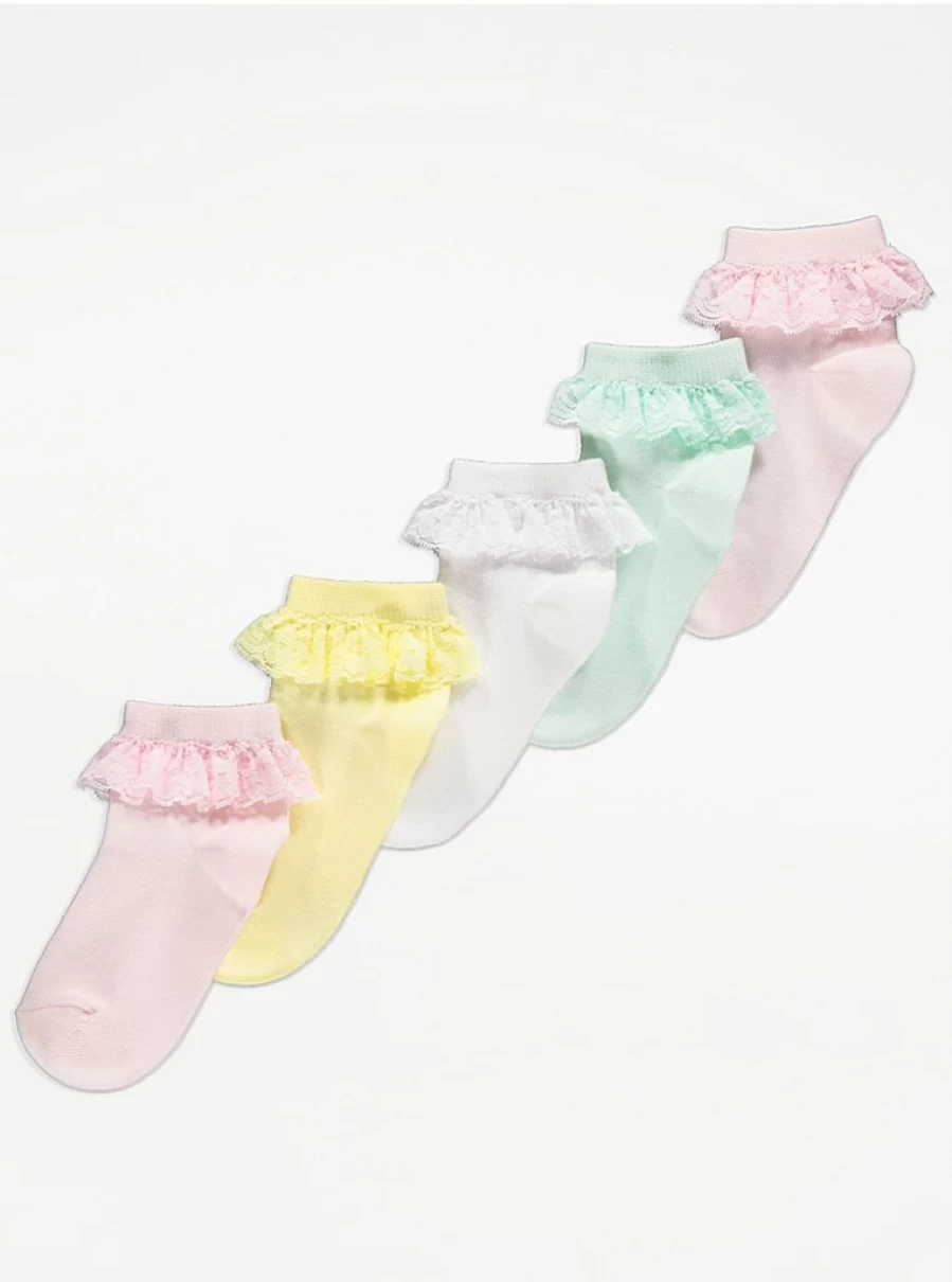 "George at Asda Kids' 5-Pack Cotton Rich Ankle Socks with Lace Trim"
