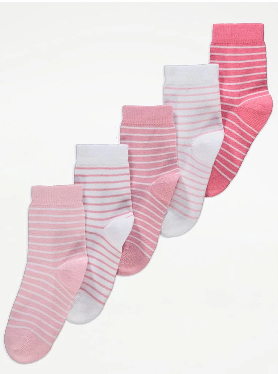 "George at Asda Kids' 5-Pack Pink Striped Cotton Ankle Socks for Children"