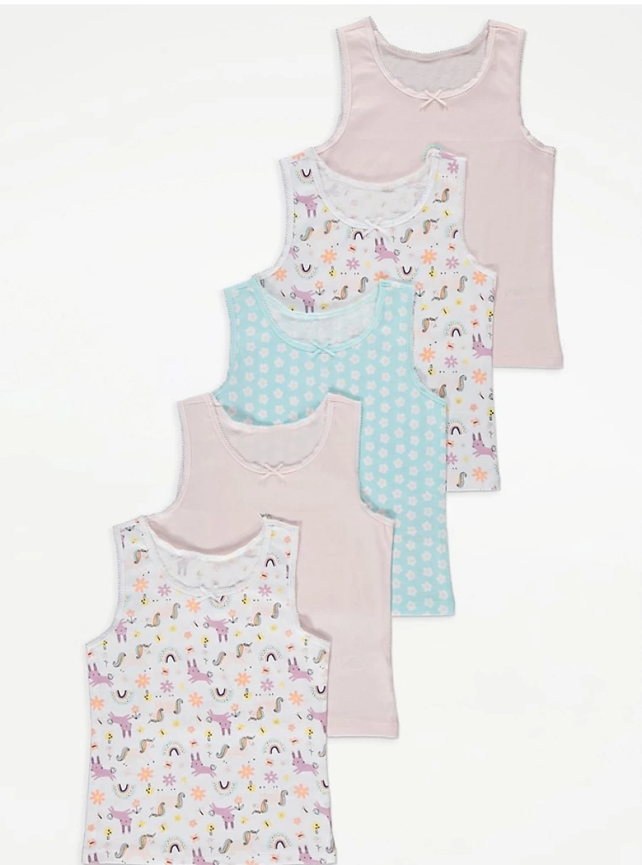 "George at Asda Kids Unicorn Flower Vest 5-Pack | Colorful Playwear for Children"
