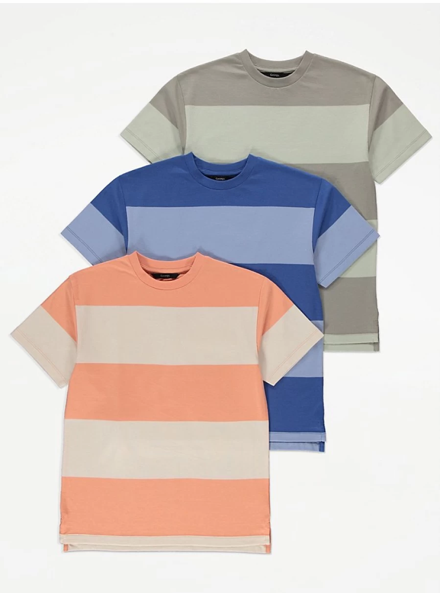 George at Asda Boys' Colour Block Stripe T-Shirts 3 Pack - Comfortable Kids Casual Tee Set