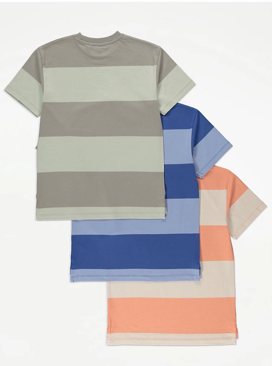 George at Asda Boys' Colour Block Stripe T-Shirts 3 Pack - Comfortable Kids Casual Tee Set