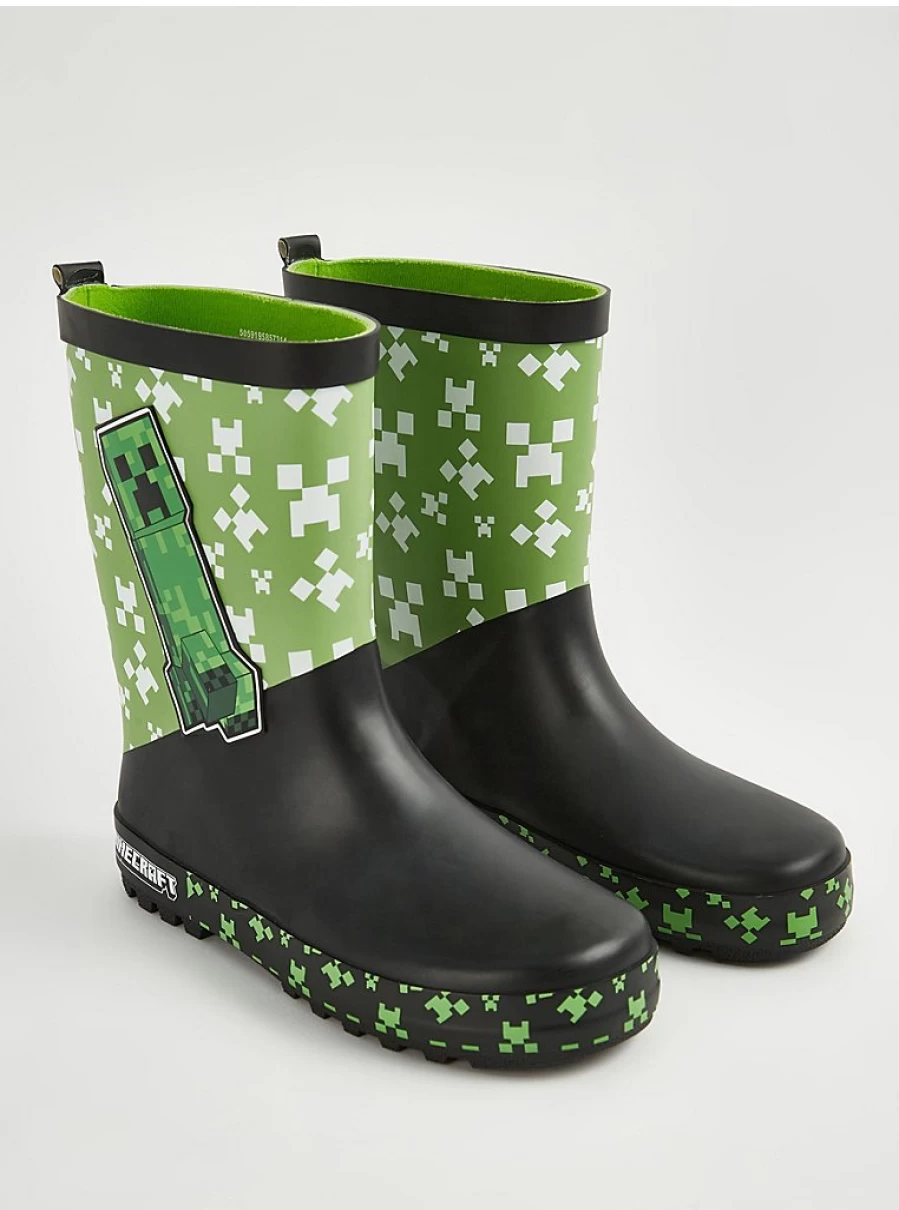 George at Asda Boys' Minecraft Green Creeper Wellington Boots for Kids | Waterproof Rain Boots