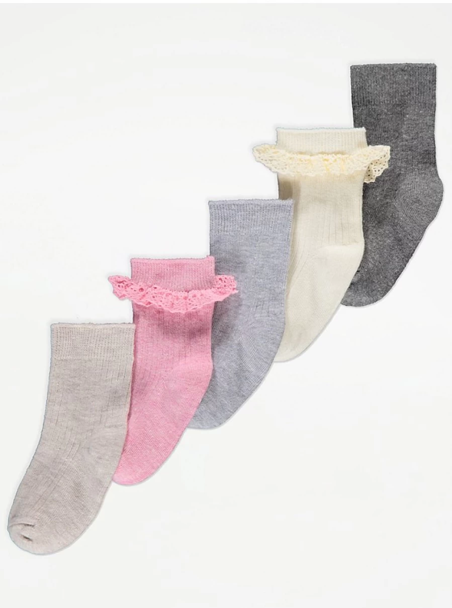 "George at Asda Kids' 5-Pack Ribbed Cotton Ankle Socks with Frilly Trim"